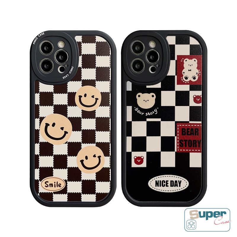 REDMI Case Motif Kotak-Kotak Smile Lucu Xiaomi POCO X3 Pro Redmi9 12C A1 9A 9T 10 10C 9C Note 10s 11s 8 9 9s 10 11 Pro Mi POCO F4 M3 X3 NFC Kartun Beruang Smiley Kotak-Kotak Soft TPU Cover