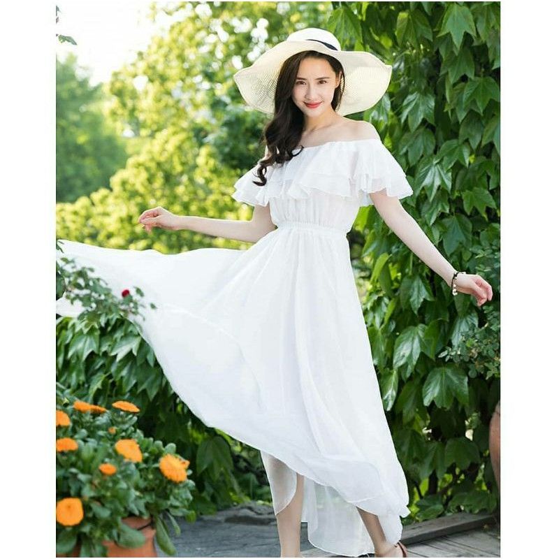 Maxi dress sabrina wanita angel off Shoulder kerut pinggang bahan sifon Chiffon Ceruty S M L XL JUMB