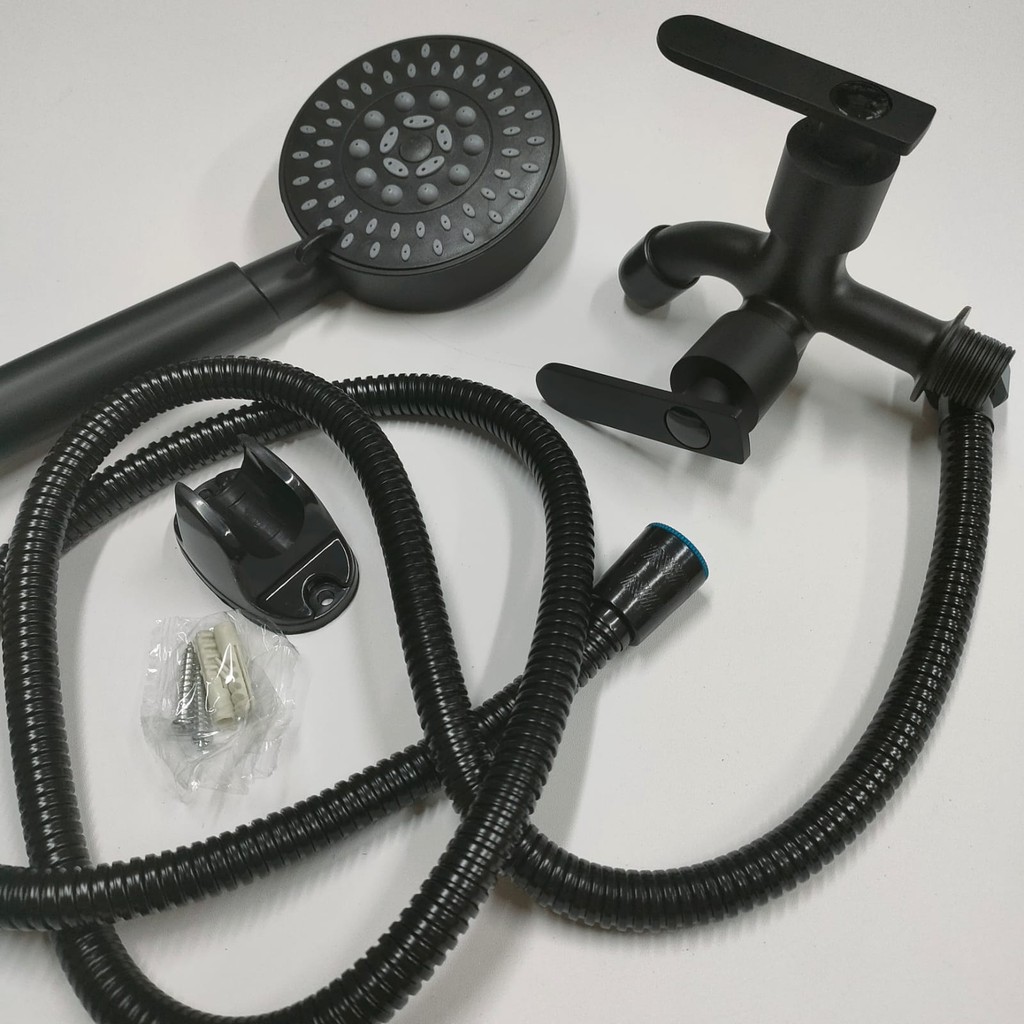 Paket Set Handshower 5in1 19004/H14 Plus Kran Cabang FKC54/Y30 Black Hemat - Paket Full Black MURAH