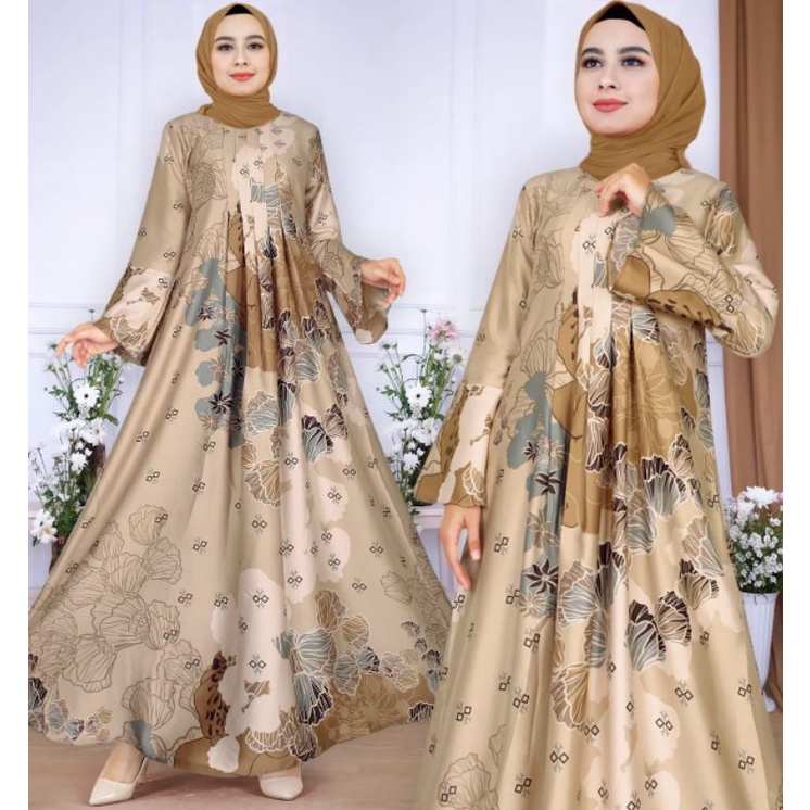 MARYAM KENANGA DRESS Gamis Pesta Rempel Dada Motif Kembang Abstrak Bahan Silk