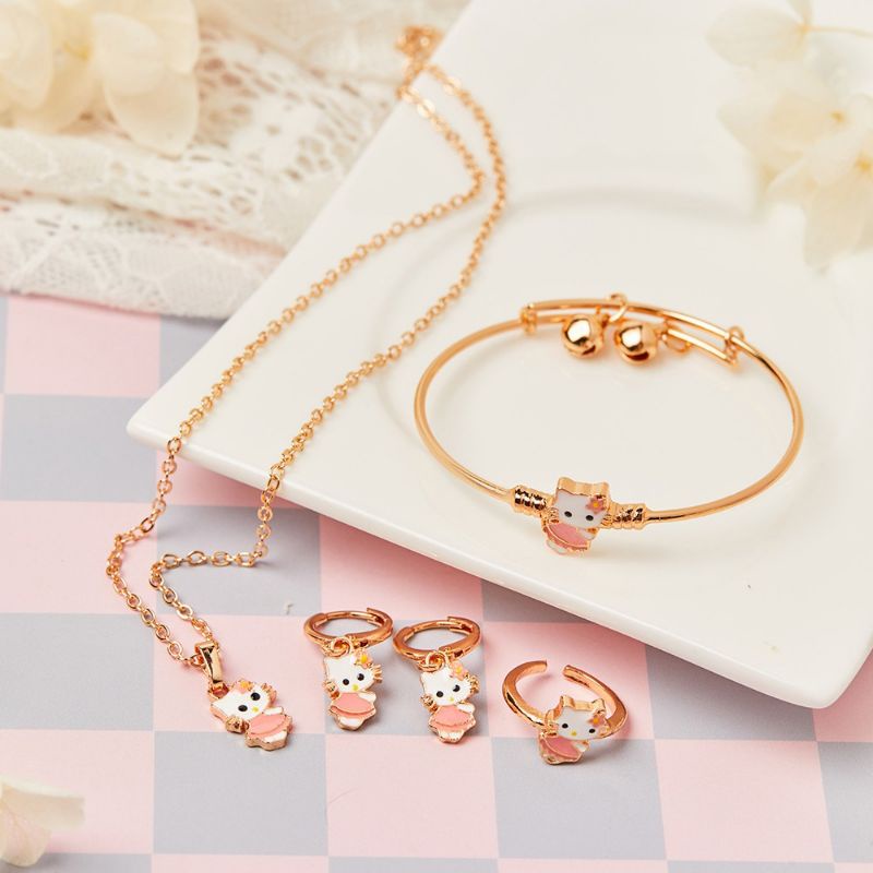 Set Perhiasan Anak Titanium Hello Kitty Set Gelang Kalung Anak Aksesoris Anak Perempuan Set