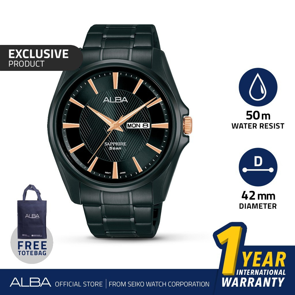 Alba Prestige Jam Tangan Pria AJ6093 / AJ6093X1 Quartz Black Pattern Dial Stainless Steel Strap Watc