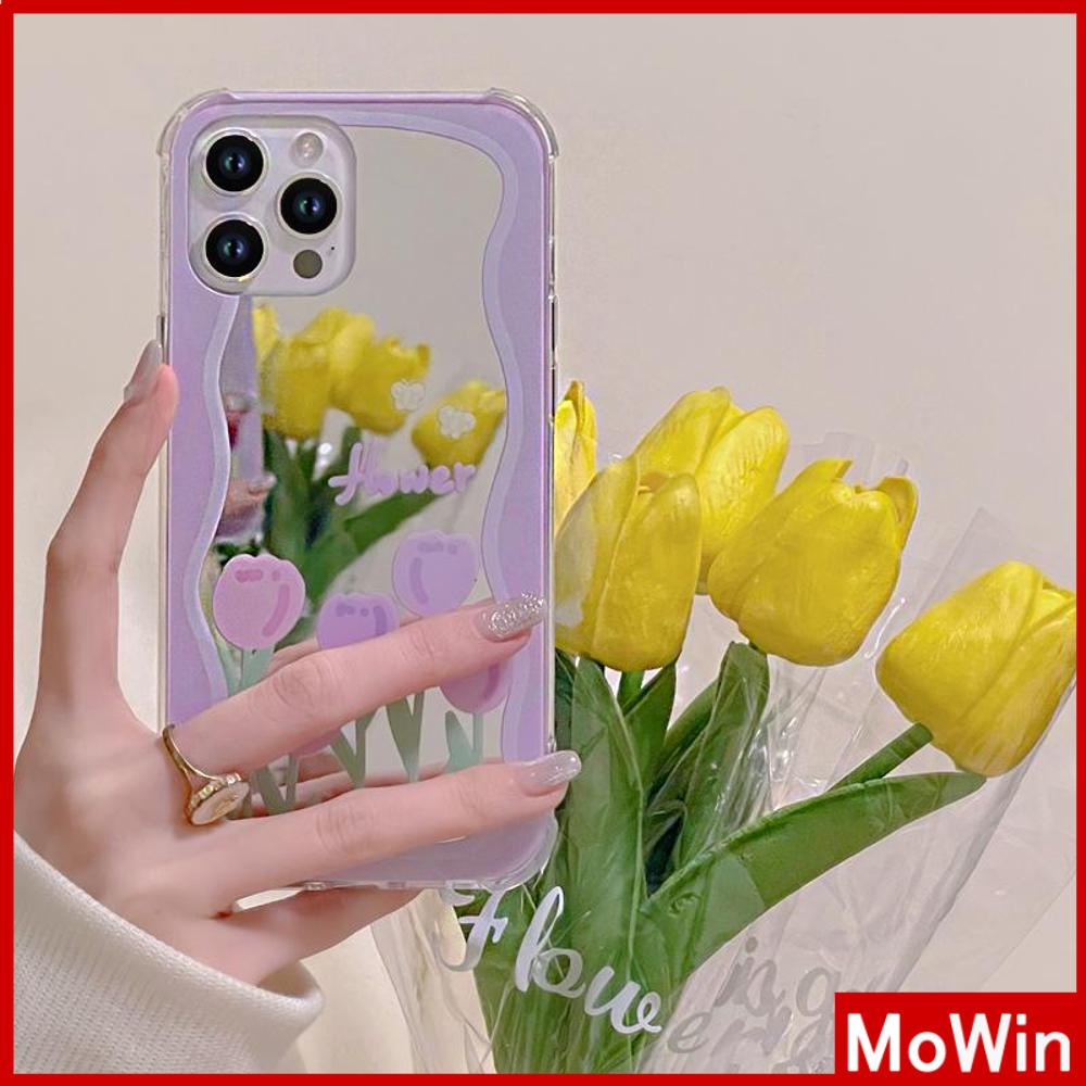 iPhone Case Acrylic HD Mirror Laser Airbag Shockproof Protection Camera Cute Purple Tulip Flowers Compatible For iPhone 11 iPhone 13 Pro Max iPhone 12 Pro Max iPhone 7 Plus iPhone xr