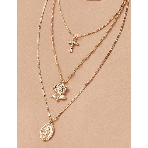 LRC Kalung Fashion Golden Rose Alloy Cross Multilayer Necklace K82329