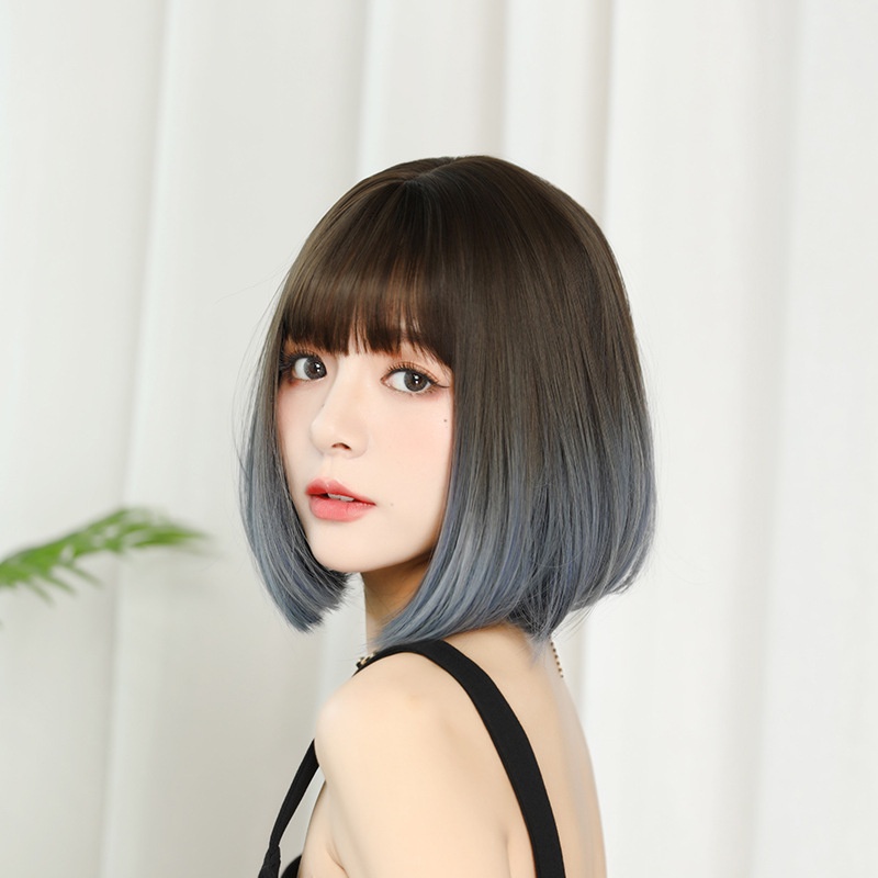 WDA-22 wig daily lolita jepang gradasi abu gray rambut palsu lurus pendek bob hitam