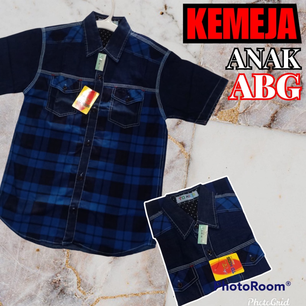 Baju Kemeja Pendek Hem TO KIDS Kombinasi Kotak Polos Denim basic Cassual Premium Distro Laki Laki An