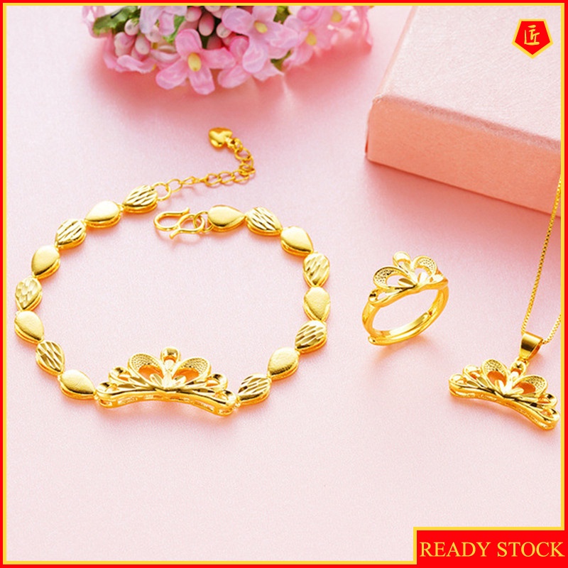 [Ready Stock]New Gold Crowns Ring Bracelet Necklace Three-Piece Suit