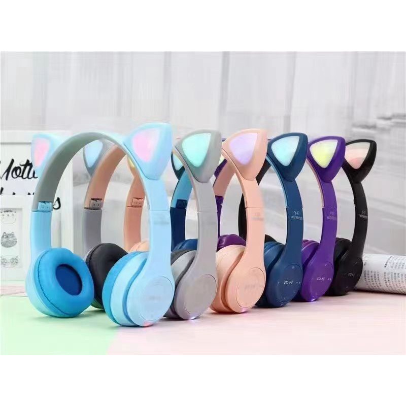 Headphone Gaming Bluetooth Bando Ear Cat LED kuping bendo Music play BT Wireless tanpa kabel