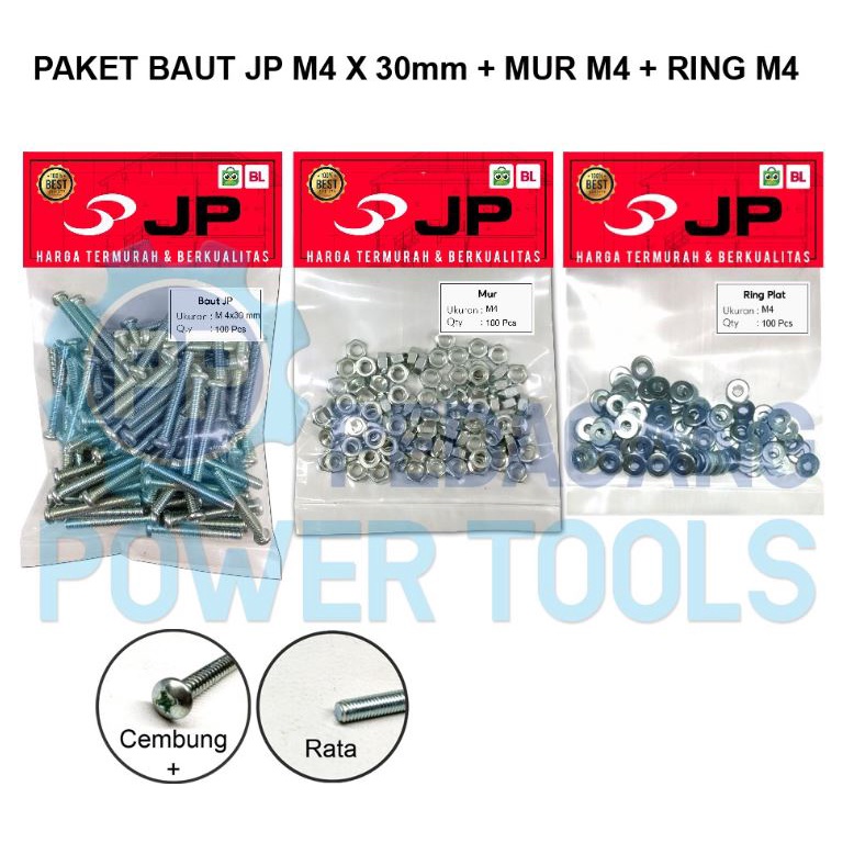 PAKET 3 SET JP M 4x30 BAUT MUR RING PLAT M 4 x 30 MUR M4 ISI 100 PCS