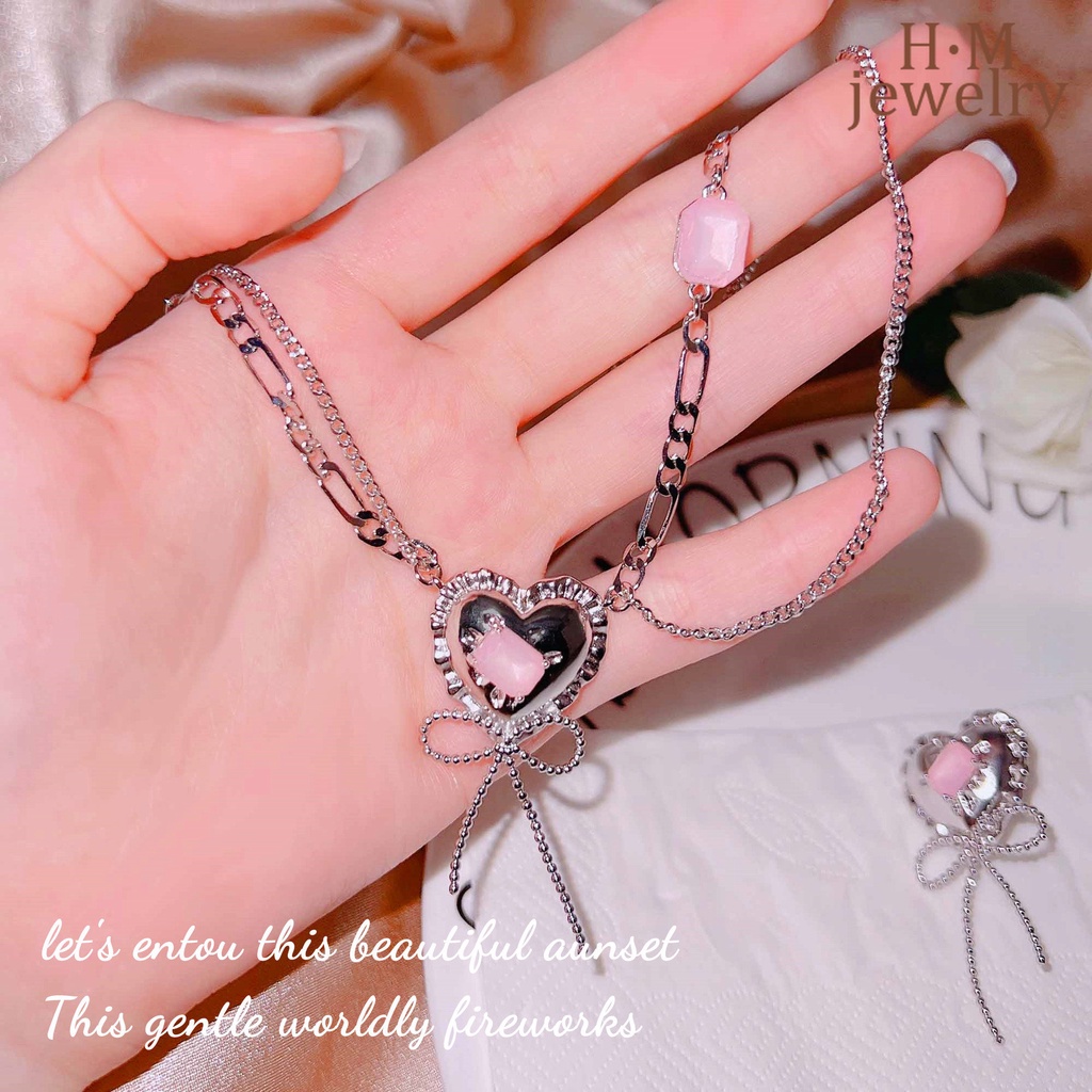 Set Kalung Pita Desain Hati Warna Pink