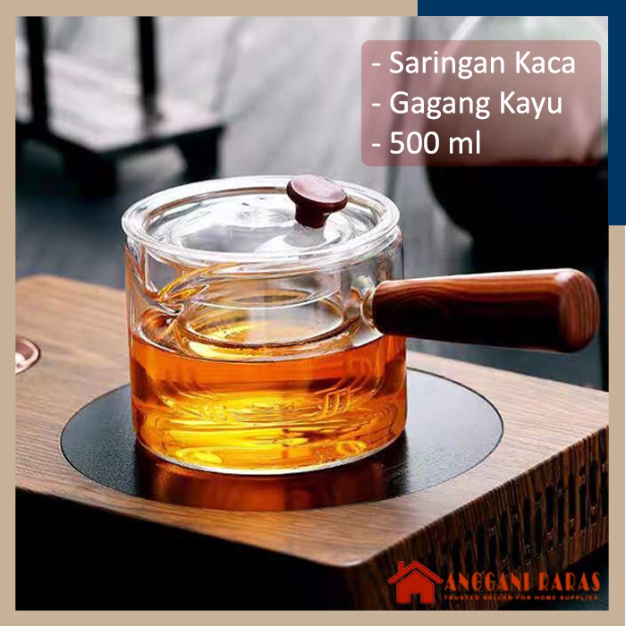 Pitcher Kaca Teko Teh Kaca Teko Saringan Teh Gagang Kayu Teko Kaca Tahan Panas 500ml