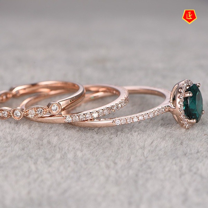 [Ready Stock]14K Rose Gold Micro-Inlaid Emerald Three-Piece Ring Set Elegant Graceful