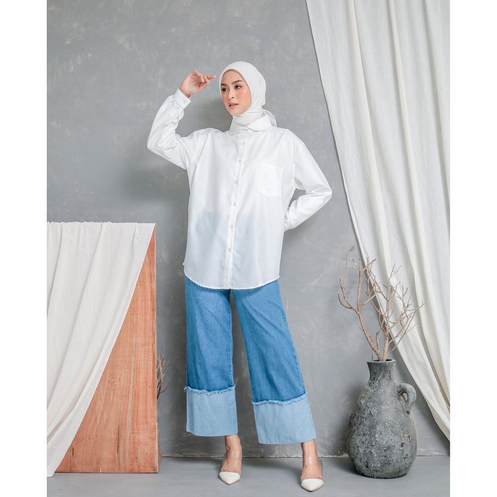 Evonne Button Plain Shirt White Basic Oversize Pattern Ld120 E05-04