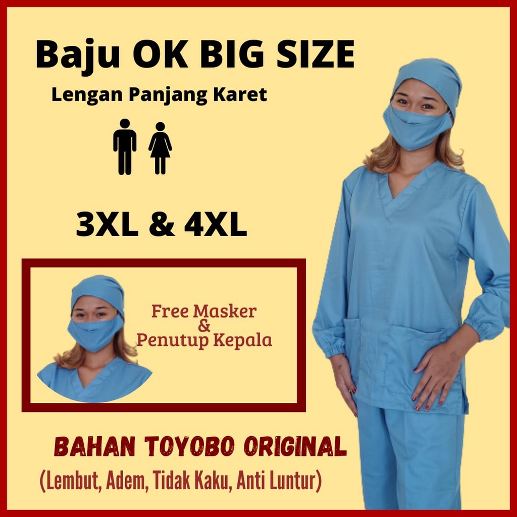 Baju Ok Big Size 3XL &amp; 4XL | Baju Jaga Perawat Dokter Ukuran Jumbo | Lengan Panjang Karet