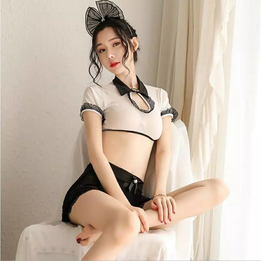 Ɛѵҽ Set Lingerie + Bando + G String Seksi Model Costume Flirty Waitress 1143