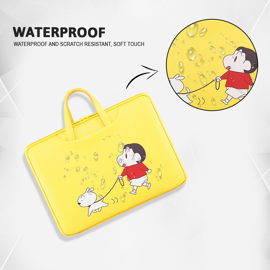 Sleeve Pouch Sarung Tas Bag Case Ipad Tab Tablet Macbook Air Pro Laptop Asus Acer Lenovo HP Huawei 11 12 13 14 15 inch Motif Gambar Kartun Cartoon Sinchan Warna Kuning Lucu Cute Murah Korean Model Jinjing Tali Strap