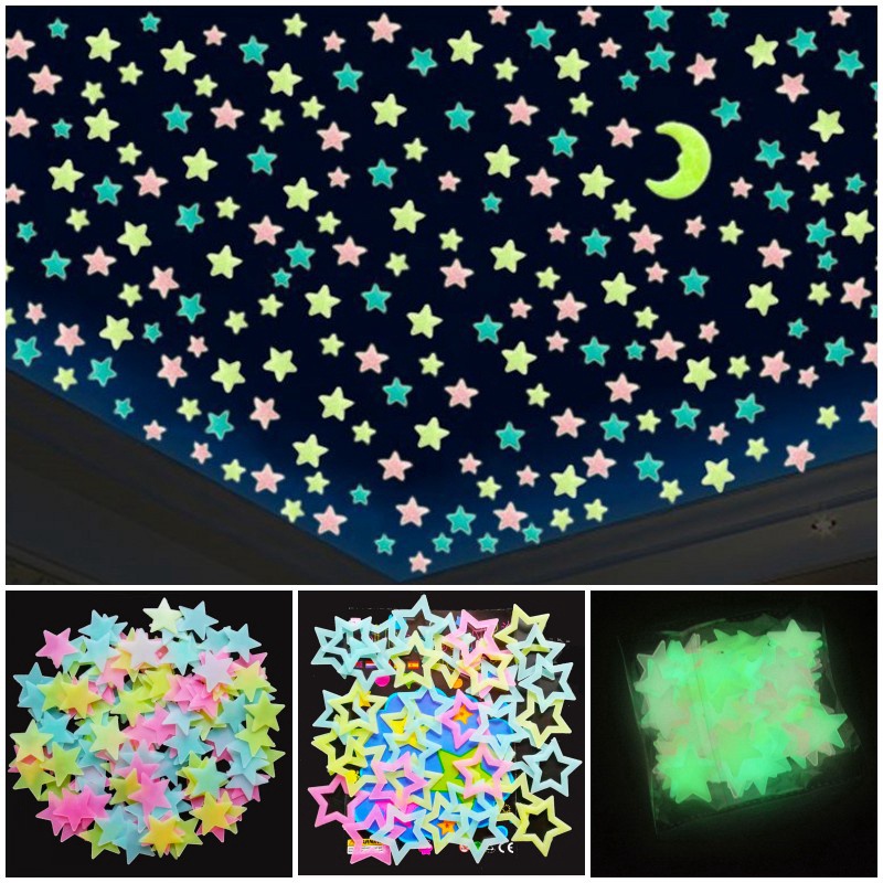 100 Pcs Stiker Dinding 3D Bentuk Bulan Bintang Glow In The Dark Bahan PVC Untuk Dekorasi Natal