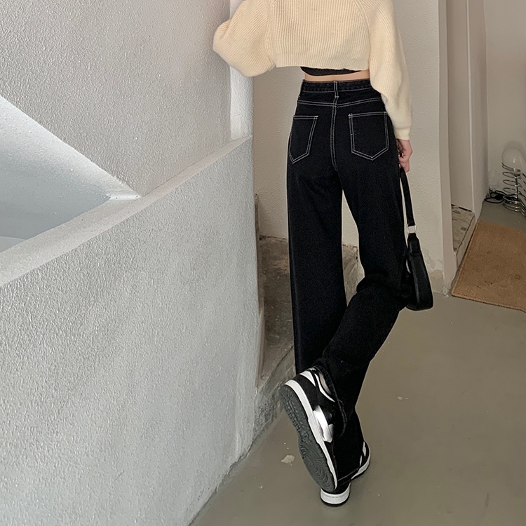 celana jeans wanita terbaru /high-waist straight-leg wide-leg jeans celana highwaist wanita/high-waist hamparan luas leg denim kasual berkobar celana wanita Korea/Celana jins pinggang tinggi korean style kasual celana lurus longgar