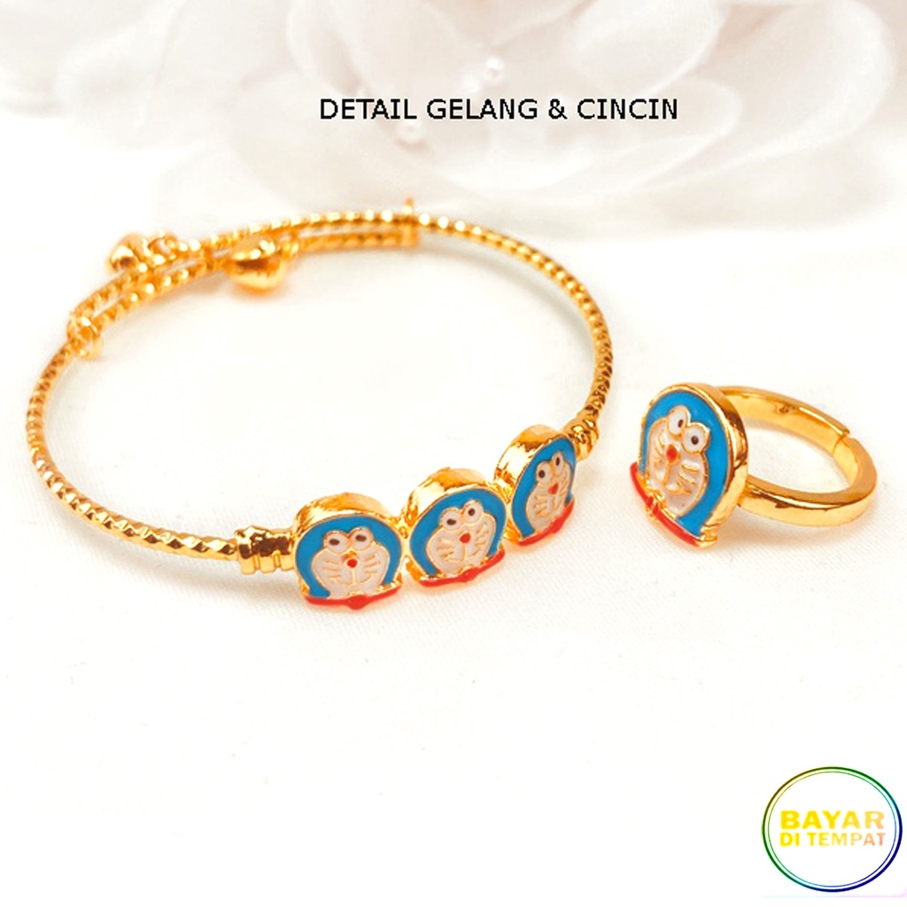 Paket Set Anak Kalung + Gelang + Cincin + Anting Doraemon Gold Perhiasan Anak 1034