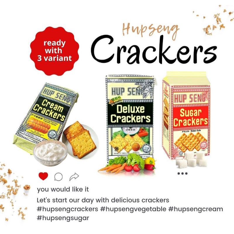 

hupseng cream creakers/Hup seng wholemaeal creakers/Hup seng deluxe creakers/Hup seng cheese creakers/Hup seng sugar creakers/Biskuit gula/Hupseng/Cream Creakers