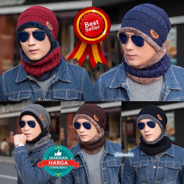 Beanie Hat + Neck warmer 1 set topi kupluk dan penghangat leher winter topi musim dingin hangat pria