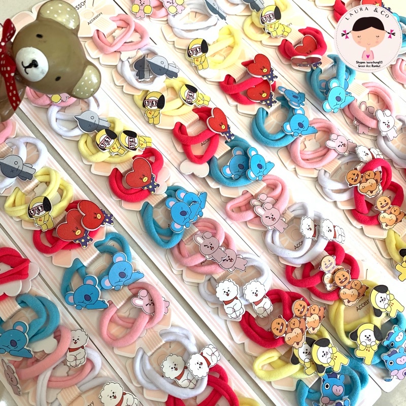 Ikat kuncir rambut BTS BT21 isi 10pasang Kpop Grosir lusinan-Kayu