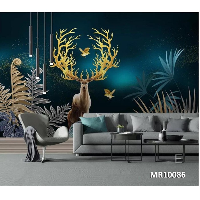 PHOTOWALL MURAL DINDING WALLPAPER MURAL TROPICAL HEWAN RUSA DAN DAUN HIJAU