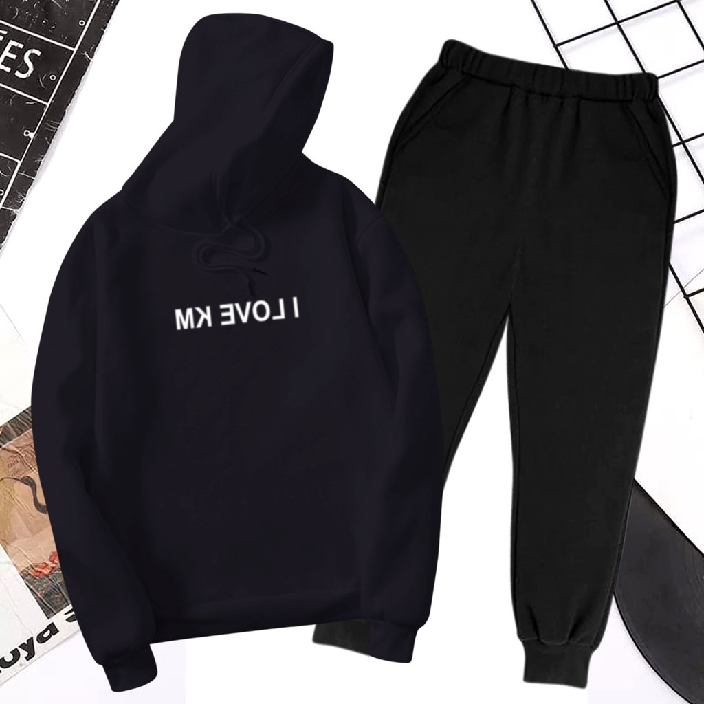 BESS - Baju Setelan Wanita Murah / Setelan Hoodie + Jogger Hitam - I LOVE KM