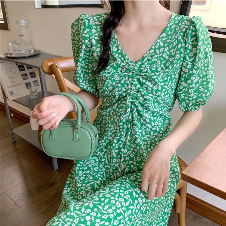 pakaian wanita korea COD 2022 New Fashion Korean Style daster kerut dada Black Blue Green Floral Short Sleeve Drawstring V Neck Midi dress wanita 2023 korea biru for Women Summer A-Line Casual tunik Dresses