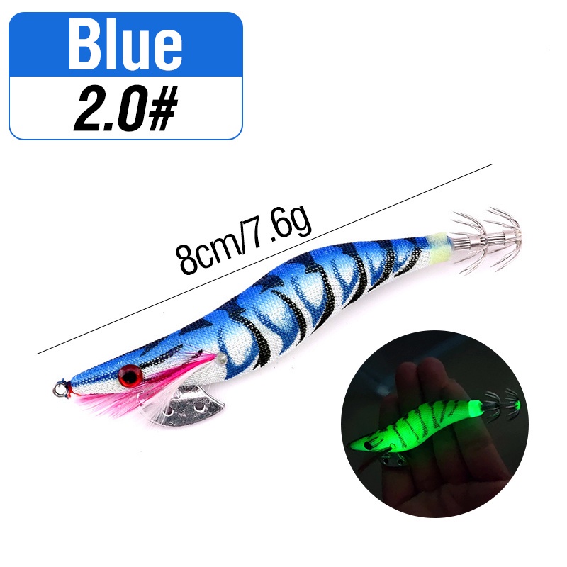 1pc Umpan Pancing Cumi-Cumi / Udang Luminous Bahan Kayu Ukuran 8cm / 10cm / 12cm-Blue-2.0#