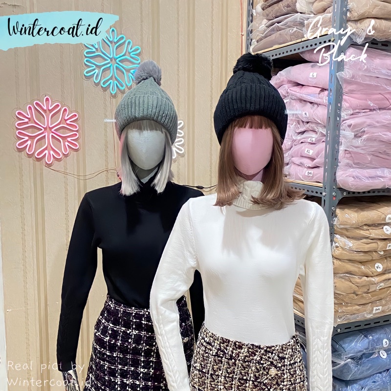 Beanie hat winter wanita topi kupluk pompom adjustable rajut wool tebal hangat musim dingin bromo unisex