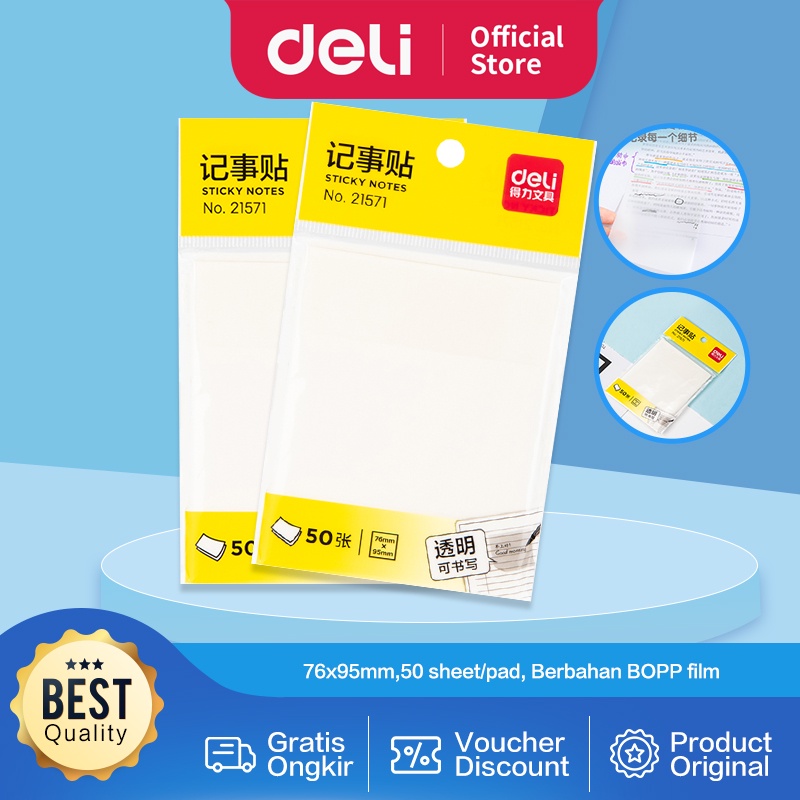 

Deli Semitransparent Sticky Notes / Memo Tempel Semi Transparan 76x95mm 50 Lembar/Pad Lem Kuat 21571