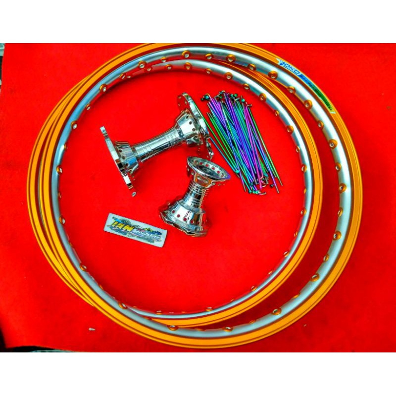 paketan velg yoko twotone +tromol becak+ruji pelangi for vixion, satria fu, ninja, cb150r, cbr,sonic