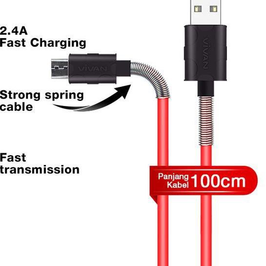 ☼ Charger Android Kabel Charger Mciro USB VIVAN FM100 2.4A 1M Kabel Data HP Murah ♝