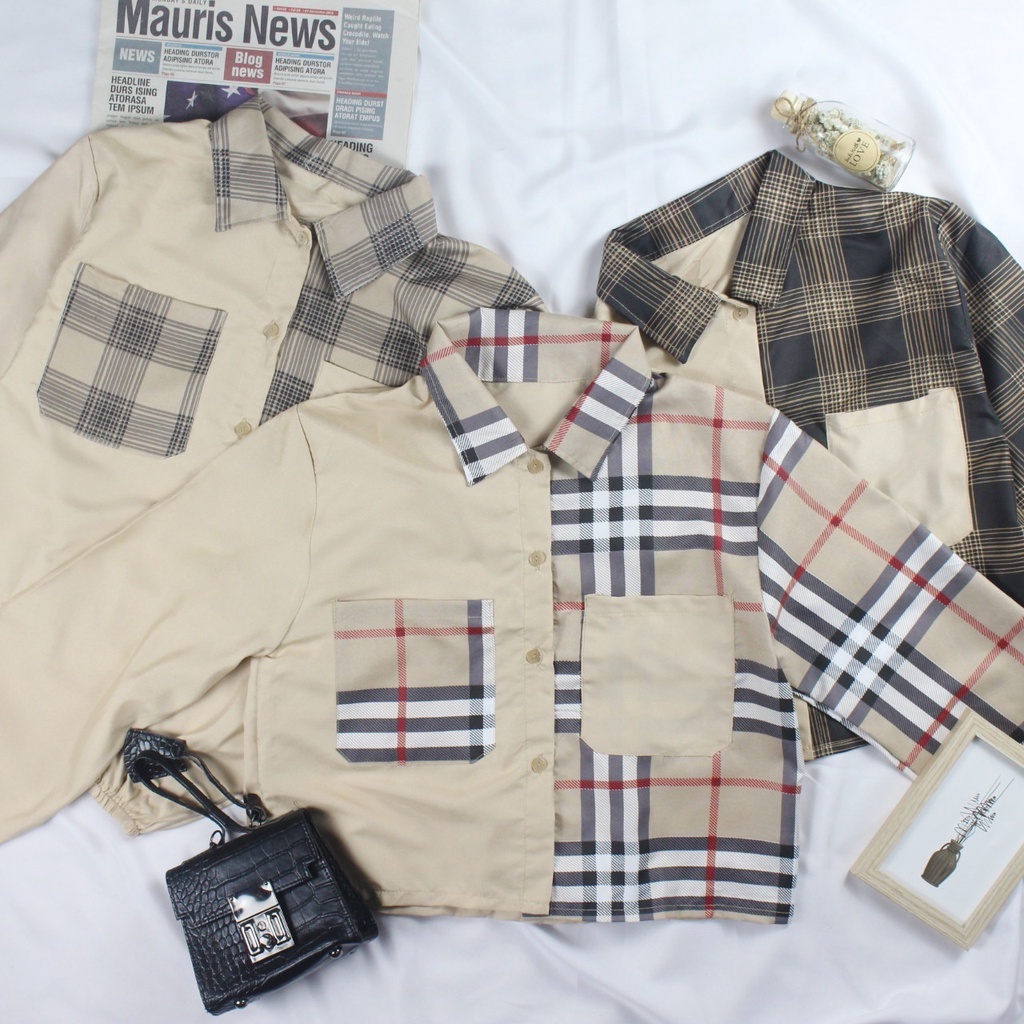 AB Mika Crop Tartan Baju Blouse Pakaian Atasan Blus Kemeja Wanita Perempuan Cewek Dewasa Remaja Abg 