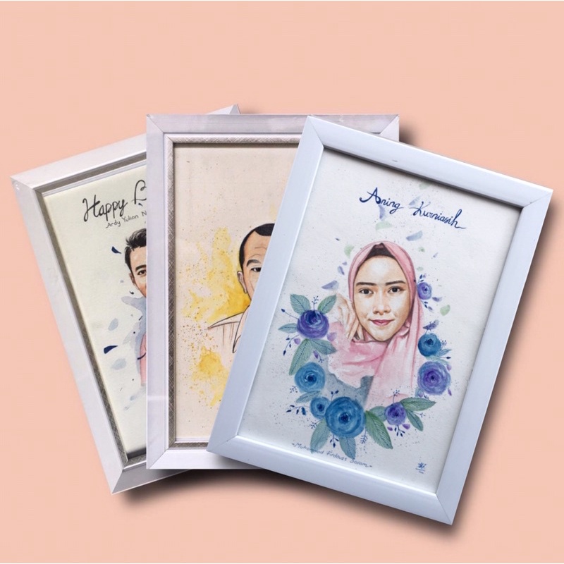 LUKISAN WAJAH WATERCOLOR WARNA ASLI + Pigura