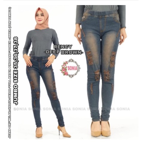 RENCY jegging jeans pinggang full karet bahan melar, sobek lapis puring [PDRO]