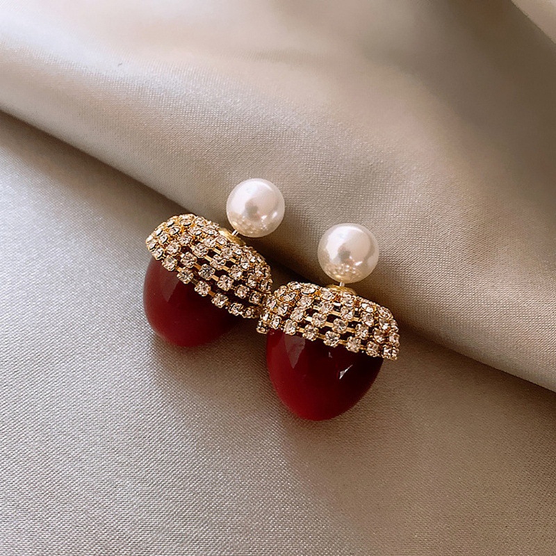 Fancyqube Anting Stud Kristal Mutiara Berlian Imitasi Model Pita Bunga Cherry Merah Untuk Wanita