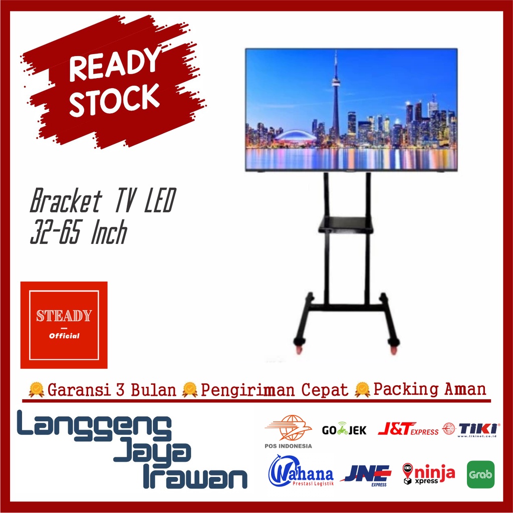 Bracket Standing TV LED Stand Roda 32 - 65 Inch Hitam Tripod Braket Flexible dan Sistem Knockdown