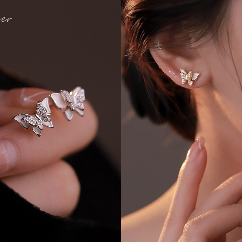 Anting Tusuk Bentuk Kupu-Kupu Ganda Bahan S925 Silver Plated Untuk Perempuan