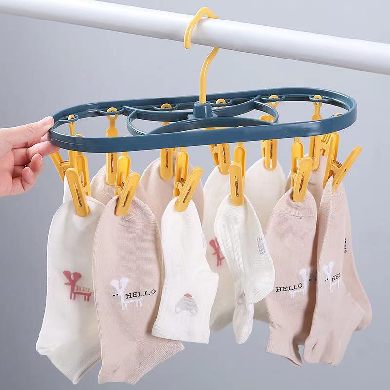 Jemuran Baju Hanger Traveling Lipat Dengan  12 Penjepit Kaos Kaki Pakaian Gantungan Hanger / jemuran + jepitan jemuran oval