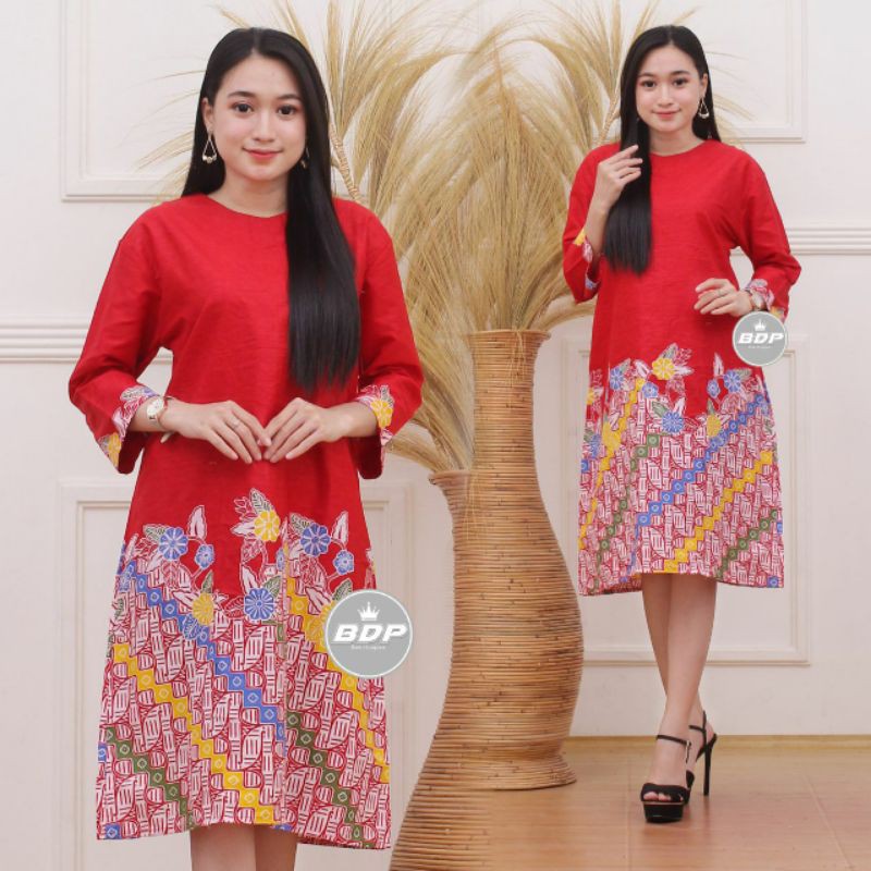 DRESS 228BT# DRESS BATIK WANITA DEWASA BAHAN KATUN STRETCH KOMBINASI BROKAT EDISI IMLEK