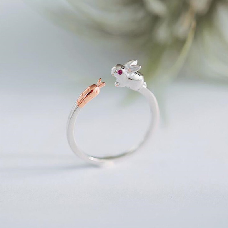 Cute Adjustable   Sliver  Rabbit   Eat Carrot Ring