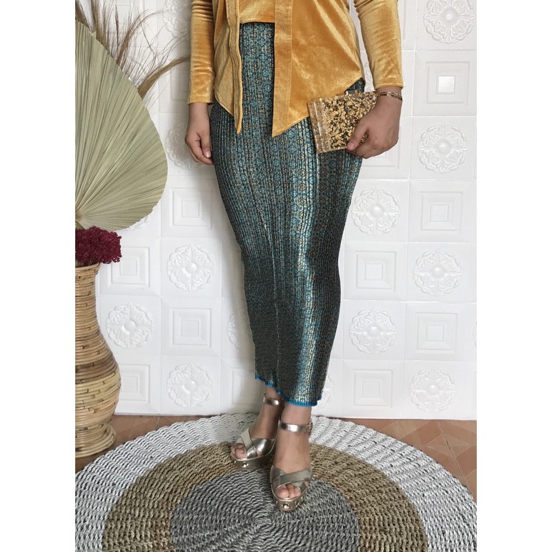 Rok plisket songket warna biru tosca