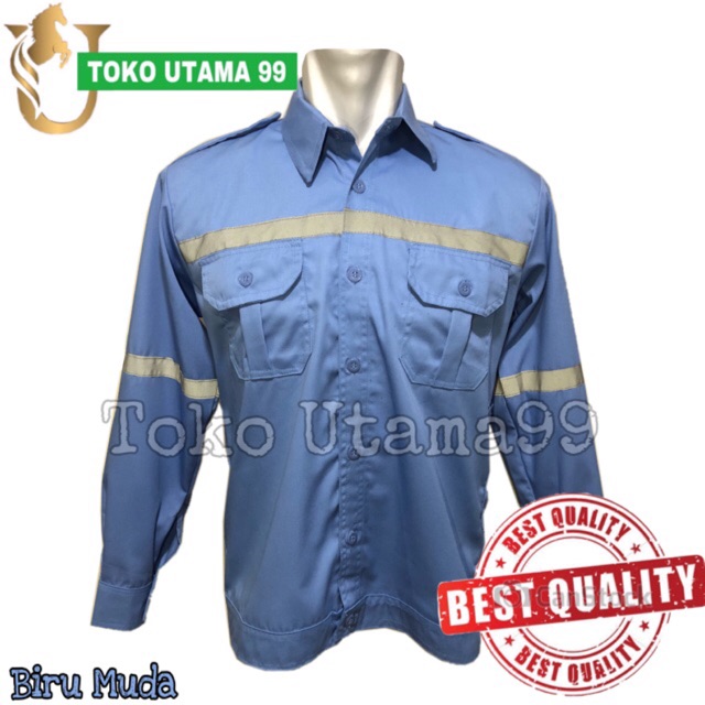 Baju safety Biru muda - Seragam safety biru muda free logo safety K3 dan bendera
