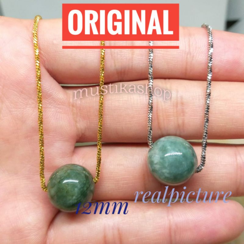 Kalung Titanium Giok Bulat Jade Burma 12mm Asli TERMURAH