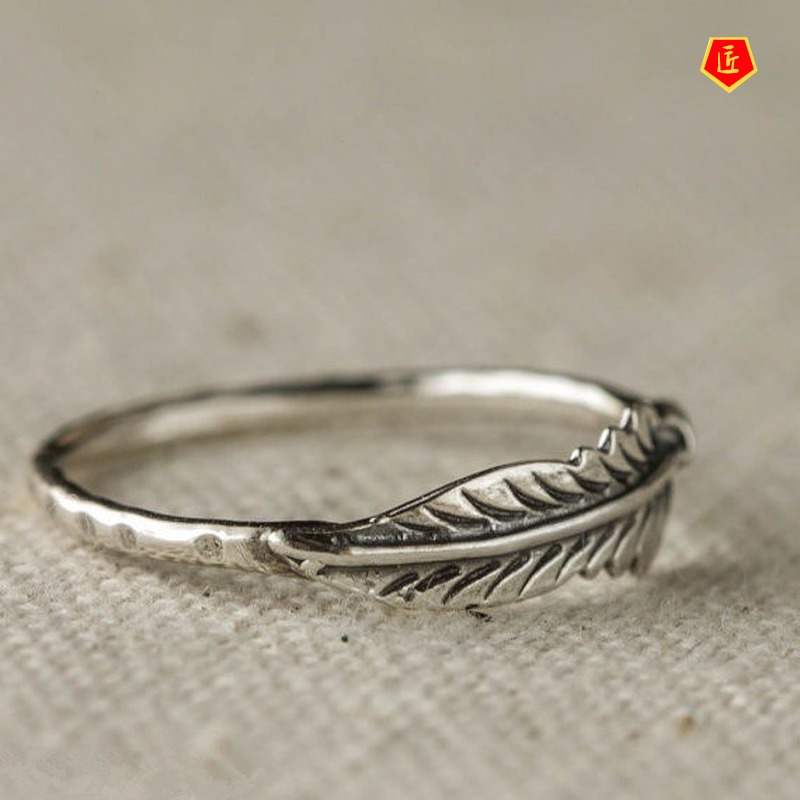 [Ready Stock]Retro Personality 925 Silver Feather Ring Simple