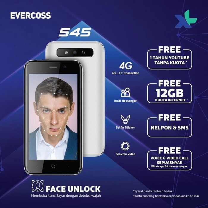 HANDPHONE 4G LTE FACE UNLOCK EVERCOSS TYPE S45 FACE UNLOCK 4G 1GB RAM
