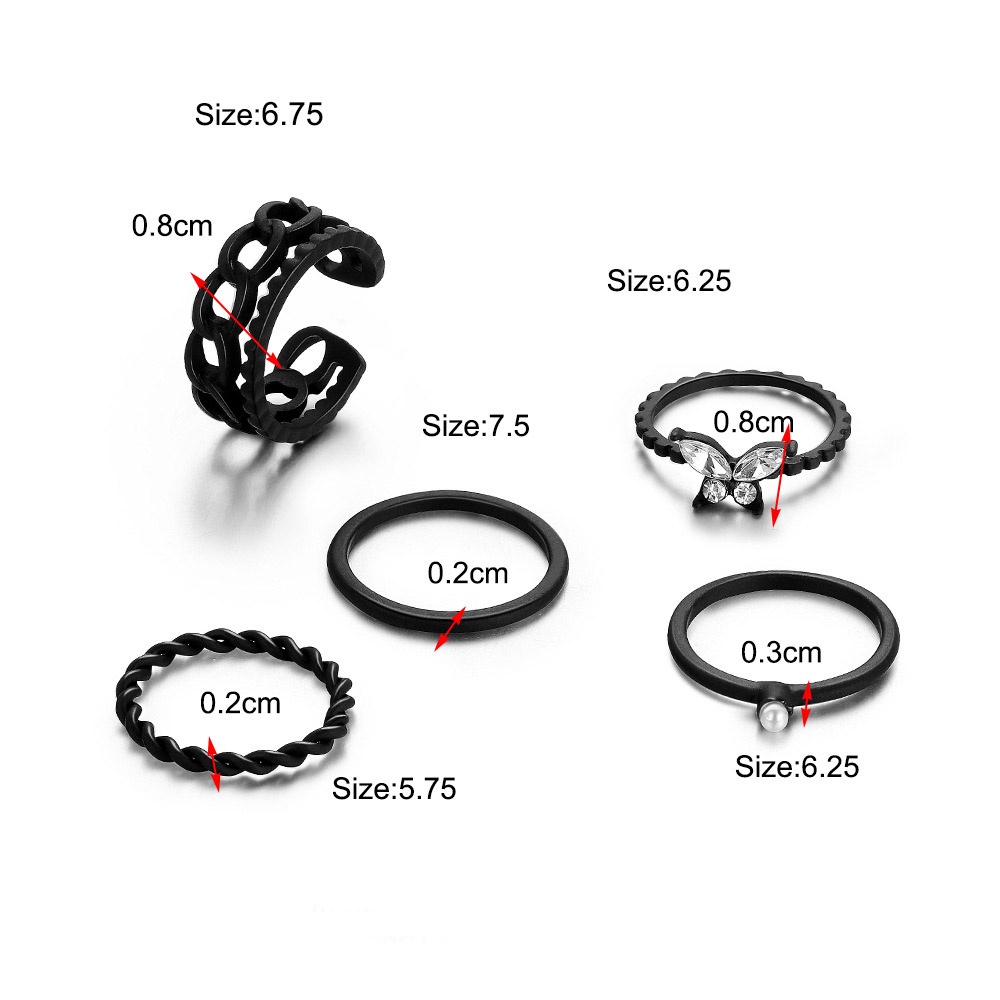 5pcs / Set Cincin Knuckle Desain Kupu-Kupu Geometris Warna Hitam Bahan Metal Gaya Vintage Gothic Untuk Wanita