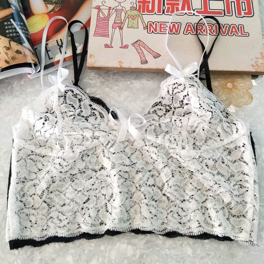 Set Bra Lingerie Model Lilit Dada + Celana Dalam Motif Bunga Bahan Lace Tipis untuk Wanita